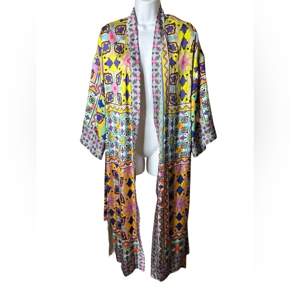 Zara Womens Geometric Satin Kimono Robe Size XS Flowy Festival Boho Hippie Beach - Picture 8 of 12